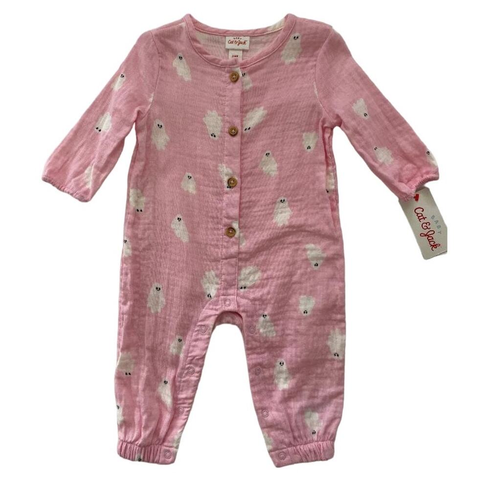 Cat & Jack Baby Girls Pink Ghost Print Long Sleeve Cotton Romper 3-6M